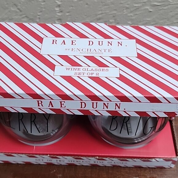 RAE DUNN SET OF TWO STEMLESS WINE GLASSES MERRY. BRIGHT. - NEW! - Picture 4 of 6
